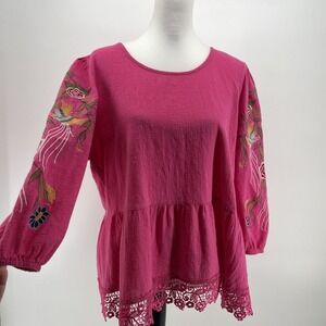 Caleoas Artsy Top Women's Large Floral‎ Embroidered Pink 100% Cotton Lace Boho